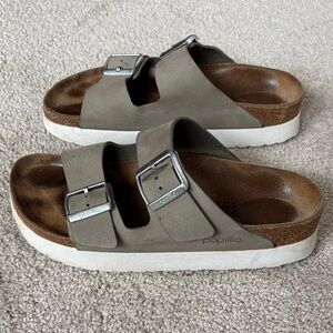 Birkenstock Taupe on White Platform Sandals, 38